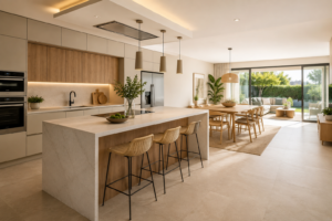 Cocina abierta al salón con isla central, mobiliario de madera y tonos neutros